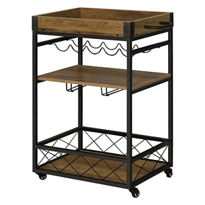 Imagen de HOMCOM Carro de Cocina Carrito Servicio Móvil Multiusos con 3 Estantes Bandeja Botellero Soporte Copas y Barra para Comedor 77x44,5x91 cm Madera Rústica