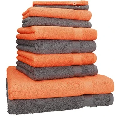 Imagen de Betz Juego de Toallas 10 Piezas 2 baño 4 Mano para Invitados Manoplas 100% algodón Toalla Ducha Premium Color Gris Antracita y Naranja