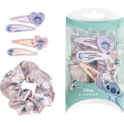Imagen de Pack de 4 Horquillas y 1 Coletero Tela Stitch Color Rosa Lila Elaboradas con Materiales Resistentes Estampado Inspirado en Producto Original Diseñado España