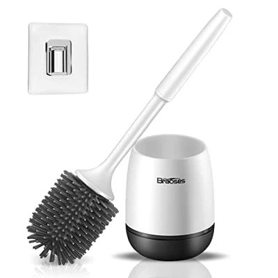 Imagen de Escobillas WC Silicona, Braoses de Baño Suave Cerdas TPR, y Portaescobillas Inodoro Cepillo Soporte para Montaje en Pared/Suelo(Blanco Negro)