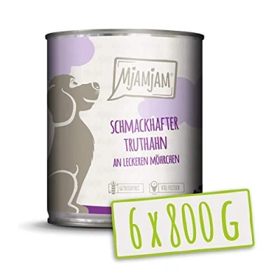 Imagen de MjAMjAM comida húmeda premium para perros sabroso pavo con deliciosas zanahorias, pack de 6 (6 x 800 g), sin cereales extra carne