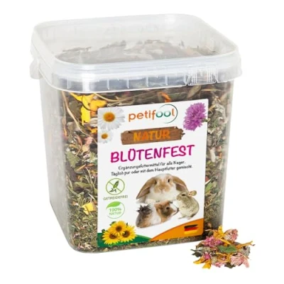 Imagen de petifool Floresfest 380 g Alimento complementario para roedores Comida Natural Conejos, cobayas, hámsteres, Chinchillas y más sin aditivos Artificiales 100%
