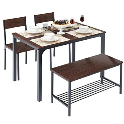 Imagen de DlandHome Juego de 4 Piezas Mesa Comedor con 2 Sillas y 1 Banco Conjunto Muebles Cocina Madera Estructura Acero Nogal Oscuro/Negro