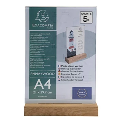 Imagen de Exacompta Ref 84258D Soporte para carteles con base de madera Adecuado documentos A4, zócalo roble macizo, visible por ambos lados, material PMMA (acrílico), rígido y resistente a los