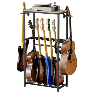 Imagen de MAHANCRIS Soporte de Guitarra, Estantería para 5 Guitarras Dos Niveles, Guitarra Acústica, Eléctrica, Bajo, Ukelele, Banjo, Revestimiento Protector EVA, Gris AGSHG6501