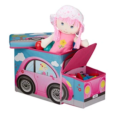 Imagen de Relaxdays Baúl Para juguetes, Taburete infantil plegable, Caja con compartimento, niños y niños, Forma de autobús, 50 L, Coche rosa