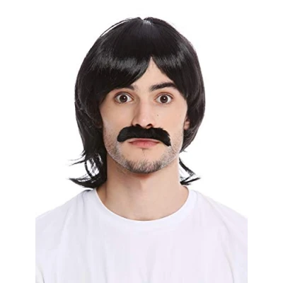 Imagen de WIG ME UP 91105 ZA103 Peluca y Bigote Hombres Halloween Carnaval Largo Liso Policía de 1970 70s Retro mujól Negro