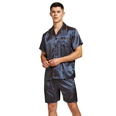 Imagen de Conjunto de pijama satén manga corta para hombre con pantalones cortos, Azul dorado, XL