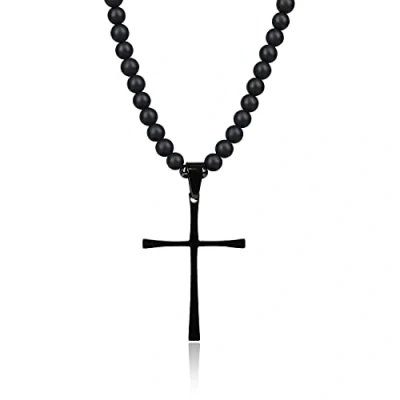 Imagen de COAI Collar Rosario para Hombre con Cuentas de Ónice Mate y Colgante Cruz Acero Inoxidable Negro