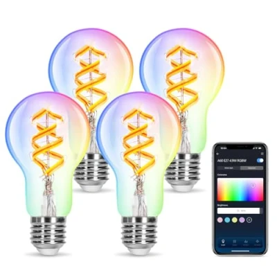 Imagen de Aigostar Bombilla Inteligente Alexa, LED E27 RGBW 4.9W 420LM, WIFI A60 2700K, Vintage Compatible con Alexa/Google Home, Filamento Luz Cálida, 4 Unidads
