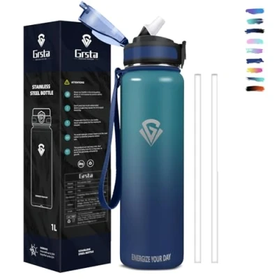 Imagen de Grsta Botella Agua Acero Inoxidable, 1 litro, con Pajita a Prueba de Fugas, Gimnasio sin BPA, Doble Pared al Vacío, Para Deportes, Camping, Ciclismo, Yoga