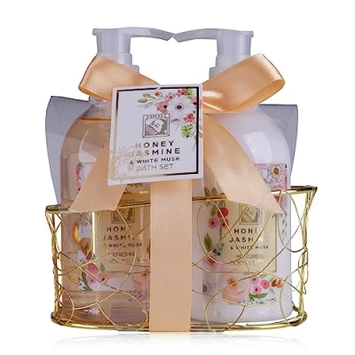 Imagen de Accentra set de ducha regalo para mujer HONEY JASMINE en una hermosa canasta alambre, cuidado 2 partes con gel y loción corporal bienestar cumpleaños