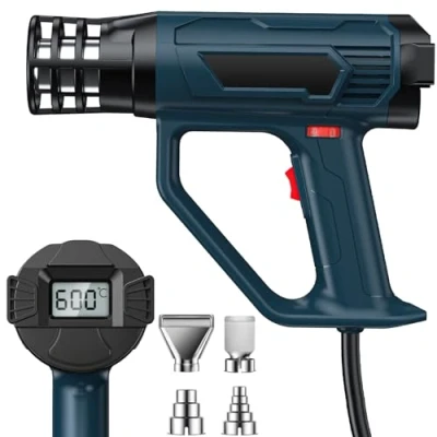 Imagen de Pfloge® Pistola de Calor 2500W con Pantalla Digital LCD, 50℃ 600℃ Aire Caliente Temperatura y 2 Flujos Ajustables, 4 Boquillas para Calefacción Soldadura
