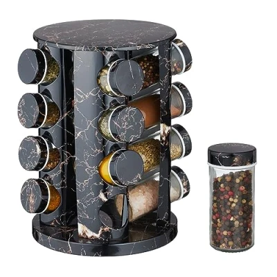 Imagen de Relaxdays Especiero Giratorio con 16 Botes, Dosificadores, Rotatorio, Soporte Especias Rellenables, Efecto Mármol, Negro, Acero, 27,5 x 19 cm