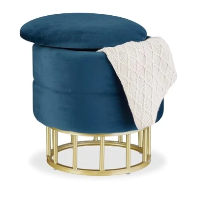 Imagen de Relaxdays Taburete Redondo con Tapa, Terciopelo, Otomana de Almacenaje, Reposapiés Salón, 40 x cm, Azul y Dorado, Hierro, 40x40 cm