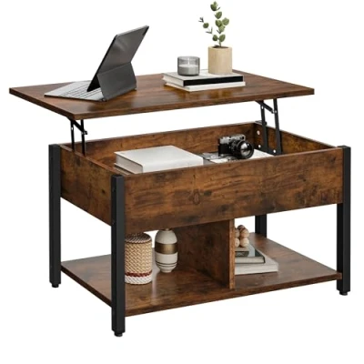 Imagen de YITAHOME Mesa de Centro con Tapa Elevable, 2 Niveles, Altura Ajustable Compartimento Almacenamiento Oculto y Estante para Sala Estar, Oficina, Marrón Rústico