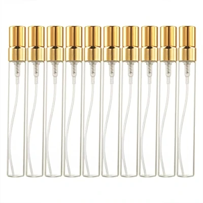 Imagen de Enslz 10 botellas de vidrio con atomizador perfume recargables, mini botella prueba muestra, viales fino (dorado)