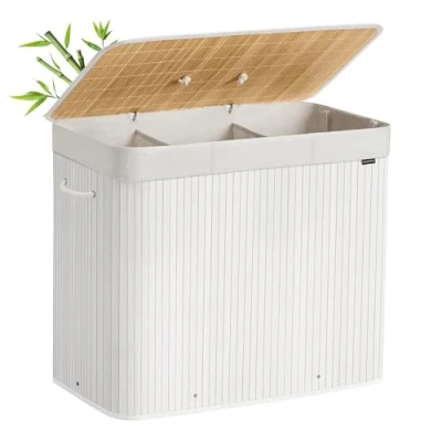 Imagen de SONGMICS Cesto de la Ropa Sucia con Tapa, 3 compartimentos, 170 L, Cesta Lavandería Bambú, Plegable, Bolsa Lavable Extraíble, Asas, para Lavandería, Dormitorio, Blanco LCB013W01