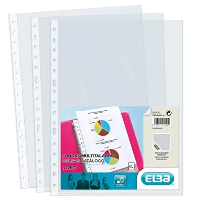 Imagen de Elba Fundas Plástico A4 Transparente, 200 Unidades, Multitaladro, Polipropileno Piel de Naranja 70