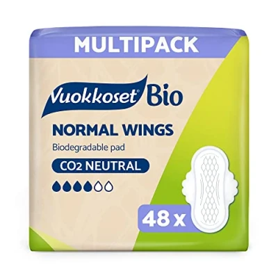 Imagen de Vuokkoset Eco Normal Compresas finas con alas, Biodegradables 22,6 cm Multipack 48 unidades para piel sensible Algodón Orgánico Sin colorantes, fragancias ni cloro Núcleo Absorbente Ecológico