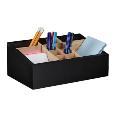 Imagen de Relaxdays Organizador de Escritorio con 12 Compartimentos, Ajustable, Bambú y MDF, para Baño, 12x30x18 cm, Negro/Natural