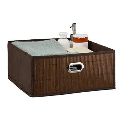 Imagen de Relaxdays Cesto Almacenaje Bambú, Cesta Cuadrada Tela Baño, Caja Estante, 14 x 31 cm, Plegable, Color Marrón