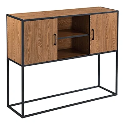 Imagen de Armario con Patas Motala 90 x 108,5 30 cm Tablero de Fibras 2 Puertas 6 Compartimentos máx. 20 kg en Negro y Efecto Madera Tono Oscuro