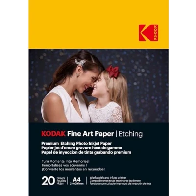 Imagen de KODAK Fine Art Paper/Etching Pack de 20 hojas papel fotográfico texturizado Tamaño 21 x 29,7 cm (A4) Acabado mate efecto grabado 210 gsm Compatible con cualquier impresora