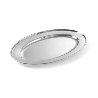 Imagen de HENDI Plato bandeja fuente de servicio, oval, cocina para servir, decorar y presentar alimentos como carnes fiambres, fiesta, multiusos, 400x260x(H) 27mm, acero inoxidable