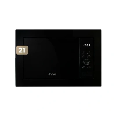 Imagen de EVVO Microondas integrable Mi30 Black, 21L de Capacidad, Grill 1000W, Puerta y Marcos Efecto Brillante, Multifunción, Función Descongelar, Temporizador 60 Minutos,Display Digital (Acabado Negro)