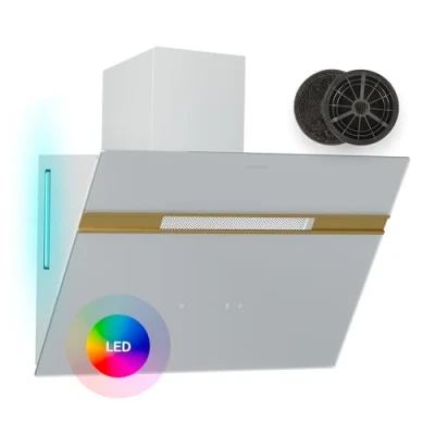 Imagen de Klarstein Alina Campana Extractora 60 cm, 600 m3/h, Eficiencia Energética A, Led 9 Colores, Panel Táctil, Bajo Ruido 52 dB, Blanca Dorada, Extracción y Recirculación
