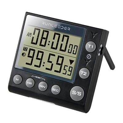 Imagen de Runleader Digital Dual Kitchen Timer, Bakery Count down/Count up timer with Magnetic back, START/STOP, Alarm recordator, for Cooking Learning Sport office (batería incluida) (KT002 BK)