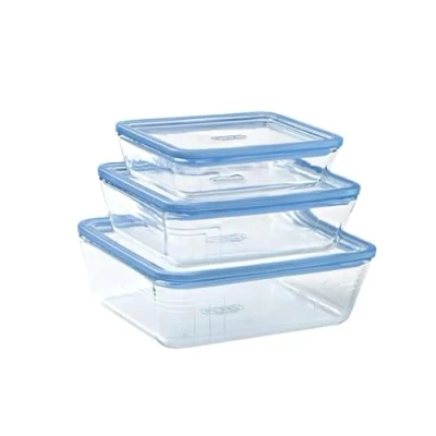 Imagen de Pyrex Zero Plastic Juego de 3 cajas rectangulares vidrio borosilicato Tapas cristal Compatible con horno Made in France (1 x 0,8 L + 1 1,5 2,6 L)