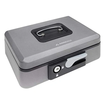 Imagen de ARREGUI Popup C9736 Caja Caudales con Llave y Pulsador de Apertura para Contar Transportar Dinero Seguridad acero bandeja interior fuerte portatil 25 cm ancho Gris grafito