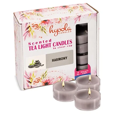 Imagen de Hyoola Velas de Té Perfumadas Candelitas en Vaso Transparente Aromáticas con Aroma a Harmonía Gris 6 Horas Combustión Pack 15 Hechas Europa