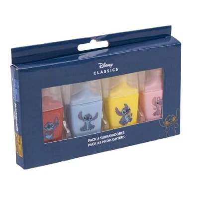 Imagen de Pack de 4 Subrayadores Stitch Tamaño Mini en Color Rojo, Azul, Amarillo y Verde con Dibujos la Peli Disney Elaborados Plástico ABS Producto Original Diseñado España