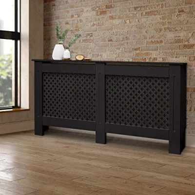 Imagen de ECD Germany Cubierta del Radiador 152x19x82 cm MDF Negro Lacado Revestimiento Protector Moderno de Calefacción Patrón Panal Superficie Estantería Útil Madera para Sala Estar Dormitorio