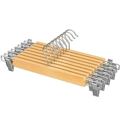 Imagen de SONGMICS Perchas para Pantalones, Juego de 8, Percha Madera Faldas, con Pinzas Ajustables, Antideslizante, Pantalones Cortos y Natural CRW009N01