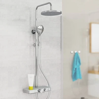 Imagen de EISL DX1105CST Futura,Sistema de ducha con termostato, estante cristal, panel grifo, juego completo (ducha lluvia soporte pared, grifería), color gris cromado