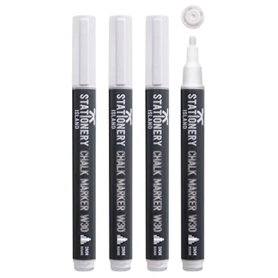 Imagen de Stationery Island Rotuladores de Tiza Liquida Borrado en Húmedo, Punta Redonda Fina 3 mm 4 Blancas para Vidrio, Pizarras Negro Y Negro, Hogar, la Escuela o Oficina