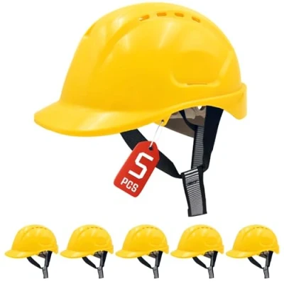 Imagen de Mustbau 5 Pack Casco Seguridad EN397, Obra Construcción con Correa de 6 Puntos, Diadema Ajustable 52 a 66cm Transpirable para Hombres, Mujeres Amarillo