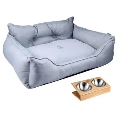 Imagen de Cama para Mascotas Color Gris Medidas 90x70x28 cm Ergonómica Perros Medianos Funda Lavable a Máquina y comedero fuente doble en acero inoxidable soporte bambú