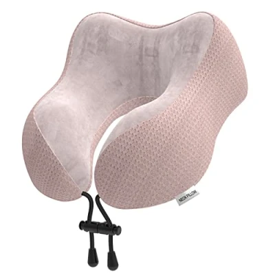 Imagen de Yomisee cojín cervical de avión, viaje para coche, espuma viscoelástica con funda aterciopelada, almohada adultos, viajes, camping, oficina y casa (rosa)