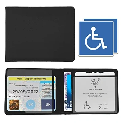 Imagen de Cartera azul para tarjetas de discapacitados coche, protector piel sintética, funda discreta permiso aparcamiento discapacitados, caja fuerte con 2 calcomanías