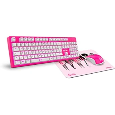 Imagen de KROM Kit teclado, Ratón y Alfombrilla edición Barbie KANDY Teclado membrana LED Blanco, con sensor óptico 6400 DPI, de goma suave resistente, layout francés, color rosa