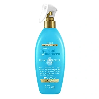 Imagen de OGX Shine + Argan Oil of Morocco Spray Heat Protect (177 ml) protector térmico para el pelo con Aceite de argán Marruecos, calor hasta 230 C, tratamiento hidratante cabello