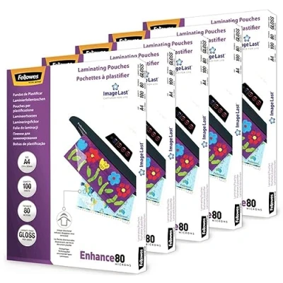 Imagen de Fellowes 5306127 5 Packs de 100 fundas plastificar (500 en total), brillo, formato A4, 160 micras, acabado alta calidad, ideal para fotos y avisos informativos