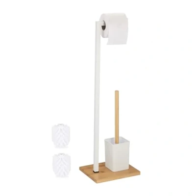 Imagen de Relaxdays Escobillero con Portarrollos, de Pie, Soporte para Escobillas WC, Acero Inoxidable y Bambú, Blanco/Natural, 70.5 x 22 18 cm