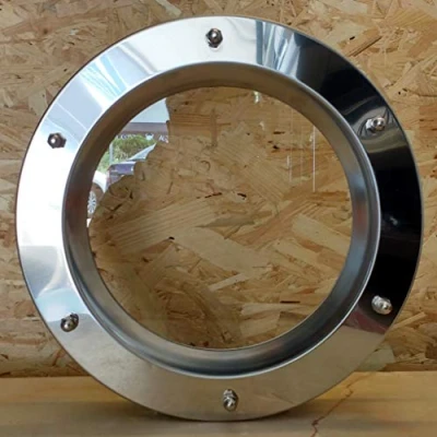 Imagen de Ojo de buey para puerta acero inoxidable brillante, 350 mm diámetro, vidrio transparente, tuercas ciegas