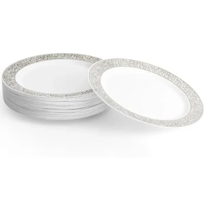 Imagen de MATANA 20 Platos de Plástico Blanco Premium con Borde Plateado, 26cm Elegantes, Resistentes y Reutilizables Bodas, Cumpleaños, Barbacoas, Navidad, Fiestas